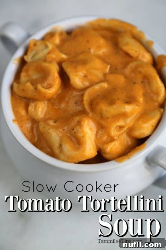 A close-up shot of Slow Cooker Tomato Tortellini Soup in a white bowl, showing the rich texture and tortellini.