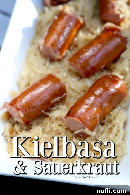 Kielbasa and Sauerkraut text under a platter with smoked sausage and sauerkraut