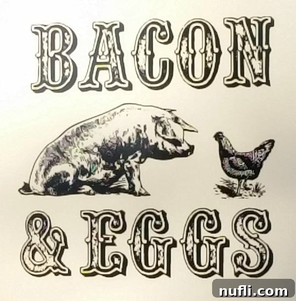 Walla Walla Dining Gems 3 Bacon & Eggs sign with a pig and chicken