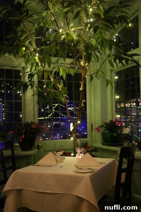 Butchart Gardens Victoria BC: Enchanting Holiday Illuminations 4 Elegant table setting at The Dining Room, decorated with greenery and soft twinkle lights for a festive ambiance, overlooking the illuminated gardens