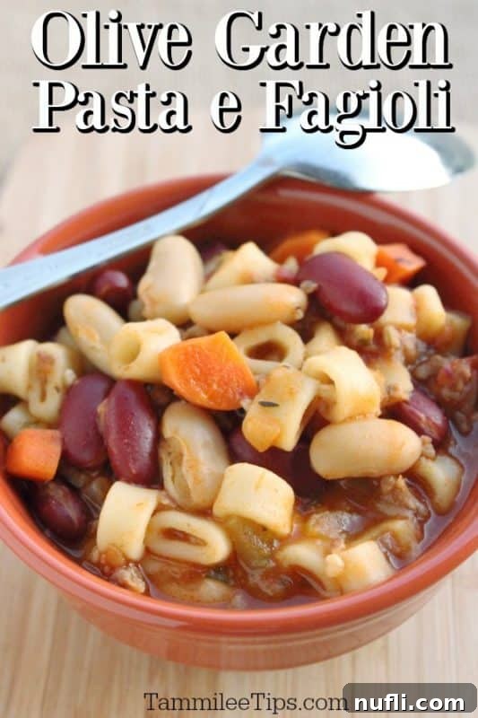 Olive Garden Pasta e Fagioli text over an orange bowl filled with soup and a silver spoon