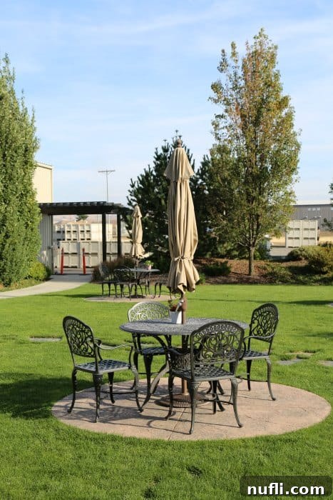 Outdoor table with an umbrella