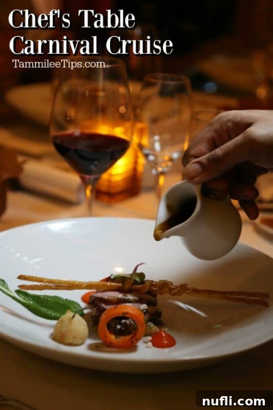 Carnival Sunshine's Exclusive Chef's Table 2 Chef's Table Carnival Cruise: Hand pouring sauce over perfectly seared meat and vibrant vegetables on a pristine white plate