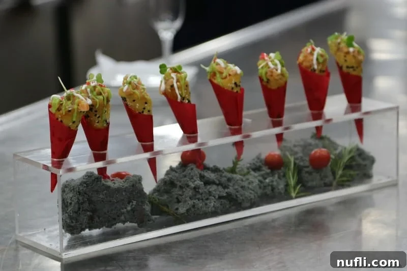 Carnival Sunshine's Exclusive Chef's Table 3 A stunning display of small, artfully arranged appetizers on a modern holder, showcasing the Chef's Table attention to detail