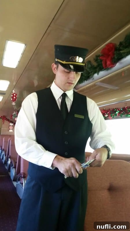 A friendly conductor ensures a smooth journey, punching tickets with a smile. Branson Scenic Railway train conductor punching tickets for passengers