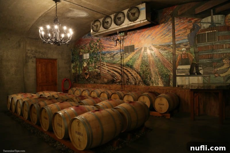 Cellar with wine barrels and mural on the wall 