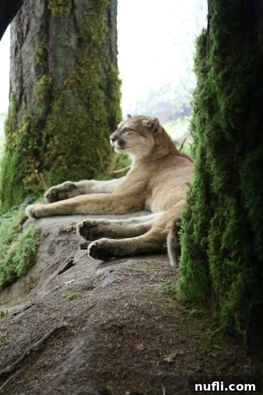 Stuffed cougar on display with trees at the BC Museum 