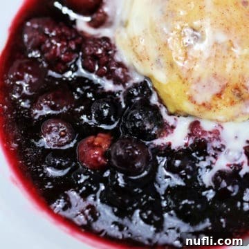 Mixed Berry Cobbler in a white bowl, topped with vanilla ice cream
