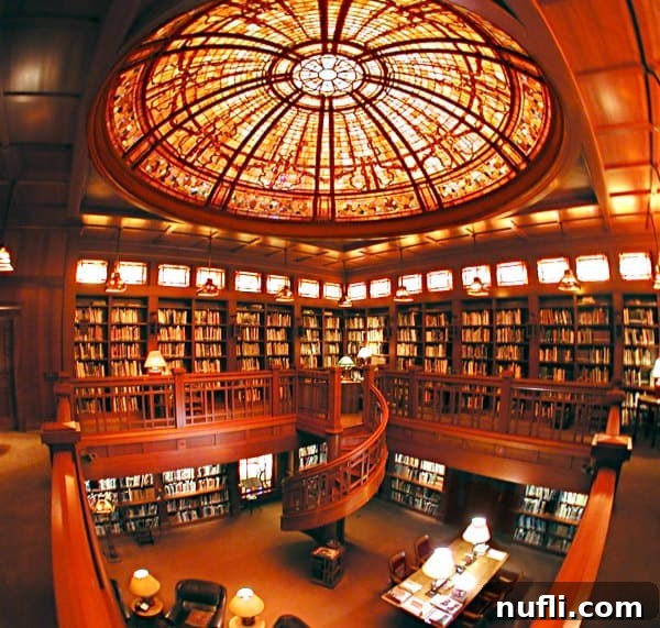 A magnificent two-story library, featuring a graceful spiral staircase, towering bookshelves filled with countless volumes, and an ornate, sunlit art piece above, creating an inspiring and grand atmosphere within Skywalker Ranch's Main House.