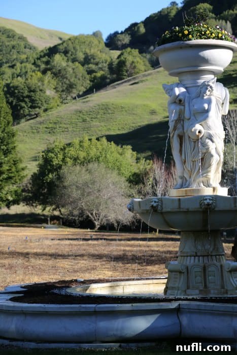 An elegant, artistic white fountain gracefully sprays water in a serene garden area, with gentle rolling hills visible in the background under a soft light, embodying the tranquility of Skywalker Ranch.