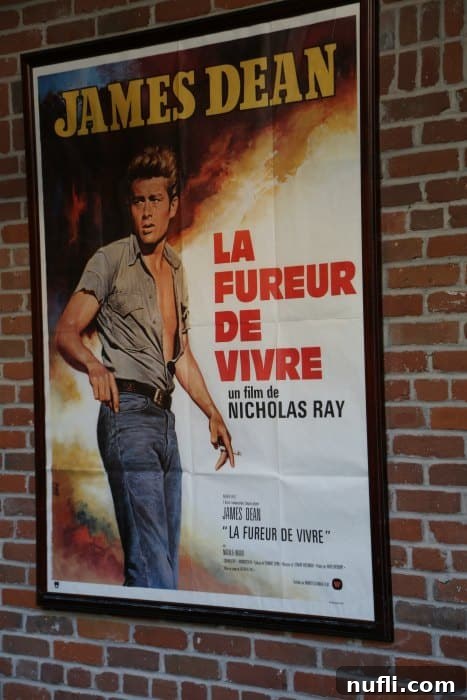 A striking James Dean movie poster for 'La Fureur De Vivre' (Rebel Without a Cause) in French, boldly mounted on a textured brick wall, capturing the rebellious spirit of a Hollywood icon.