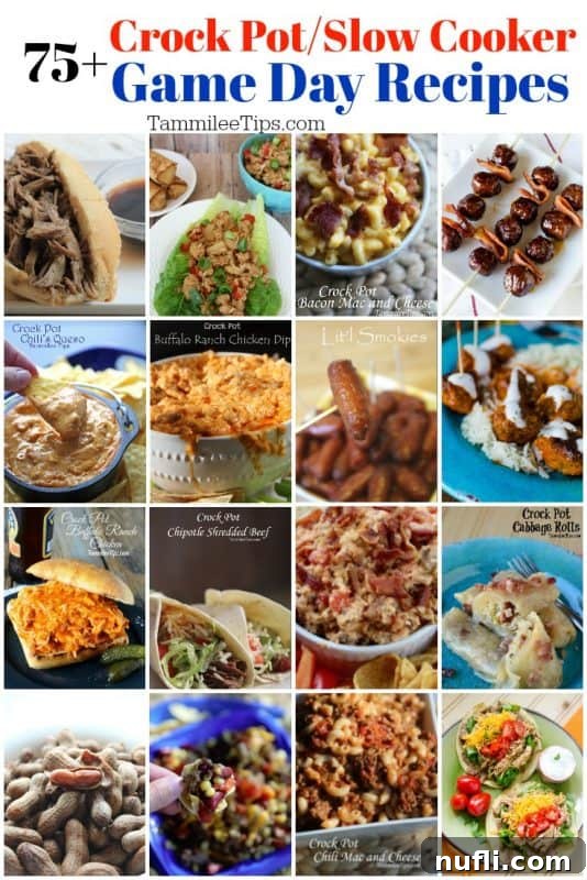 Assortment of game day slow cooker recipes including dips, meatballs, and chilis, displayed as a collage