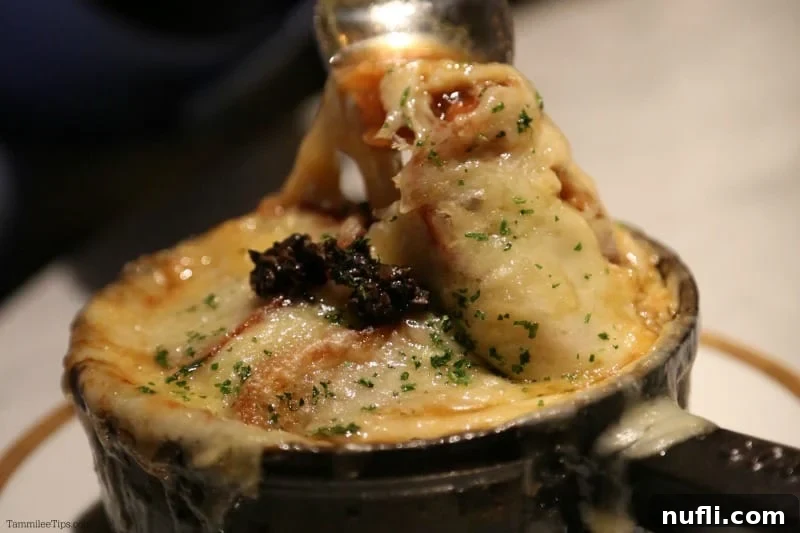 A rich, golden-brown onion soup gratin in a traditional ceramic bowl, bubbling under a cheesy crust.