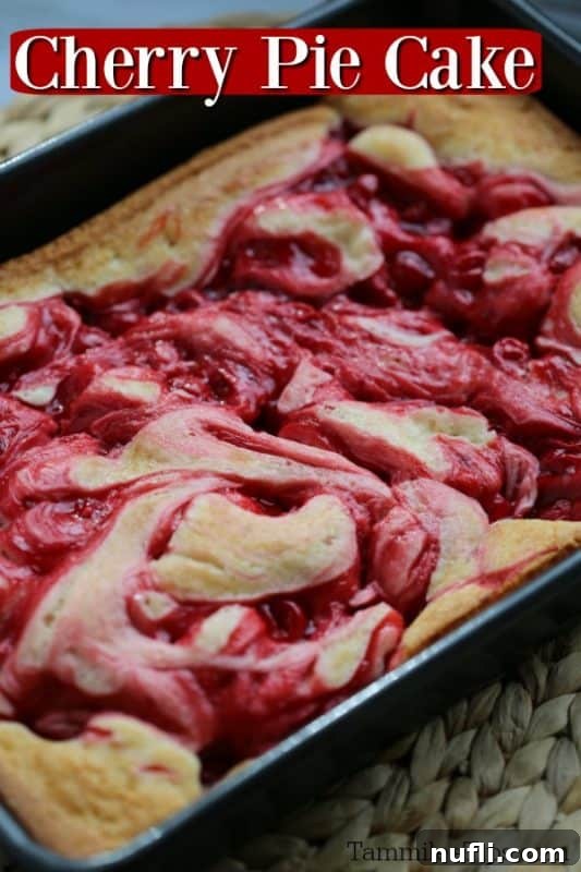 Marbled Cherry Pie Cake Recipe 2 A beautifully marbled cherry pie cake, freshly baked in a 9x13 baking dish, showcasing vibrant red cherry swirls against a light cake base.