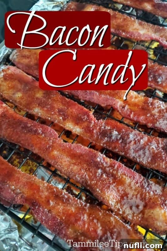 Perfectly baked Brown Sugar Bacon Candy Crispy brown sugar bacon candy strips on an aluminum foil-lined baking sheet, glistening with caramelized sugar and spices.