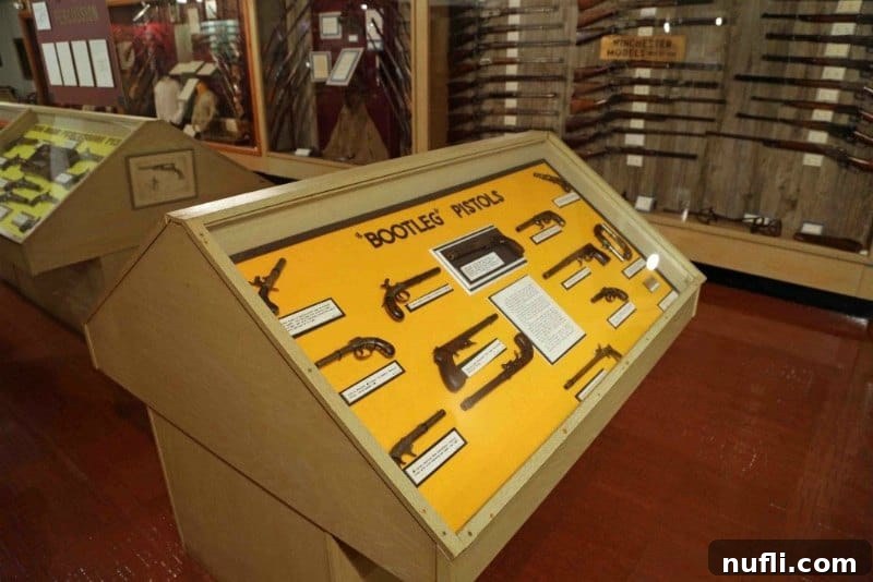 A detailed display of historic bootleg pistols, offering a unique look into a bygone era at the Ralph Foster Museum.