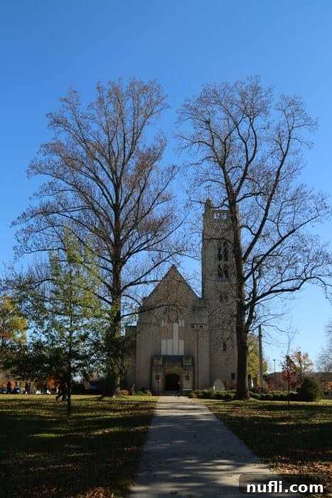 The impressive exterior of a cathedral at College of the Ozarks, surrounded by lush trees under a clear sky, showcasing its architectural beauty.