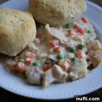 Biscuit-Topped Slow Cooker Chicken Pot Pie 3 Close-up of a serving of chicken pot pie with biscuits in a white bowl, ready to be enjoyed.