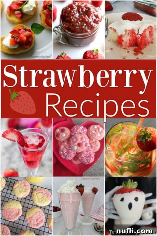A vibrant collage featuring various strawberry recipes, including a jar of jam, a slice of poke cake, cookies, a cocktail, and a milkshake, all centered around text that reads 'Strawberry Recipes'.