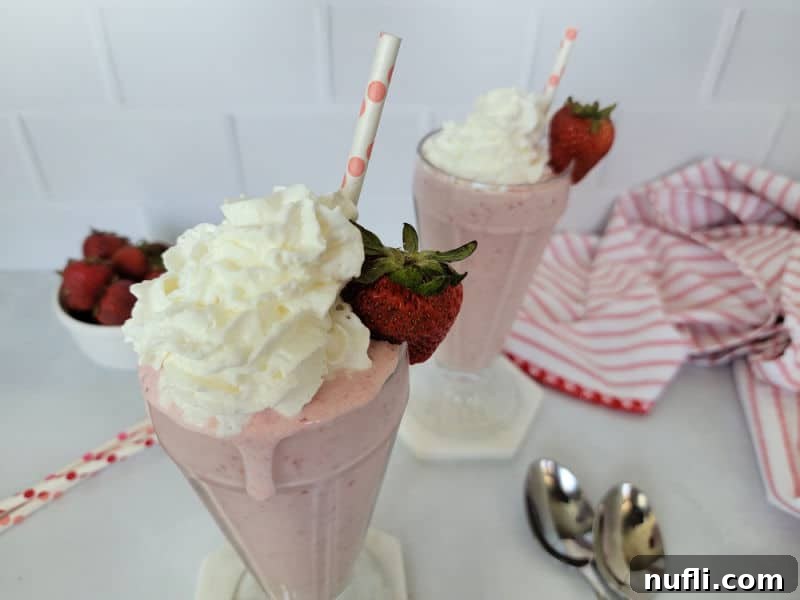 Two enticing strawberry milkshakes, generously topped with whipped cream and fresh strawberries, served in classic shake glasses.
