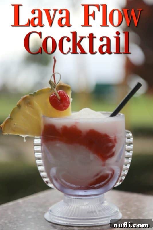 A visually stunning Lava Flow Cocktail, presented in a festive tiki glass and garnished with a slice of pineapple and a cherry, with the text 'Lava Flow Cocktail' overlaid.