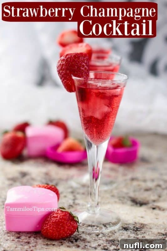 A chic champagne glass filled with a ruby-red Strawberry Champagne Cocktail, with the words 'Strawberry Champagne Cocktail' elegantly printed over the image.
