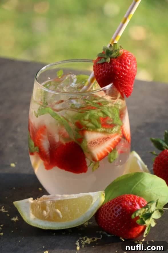 A refreshing Strawberry Basil Lemonade Cocktail, garnished with a slice of lime and fresh strawberries, served in a stylish glass.