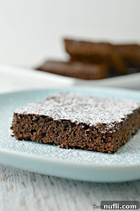 Chocolate brownie square topped with powdered sugar on a light blue plate