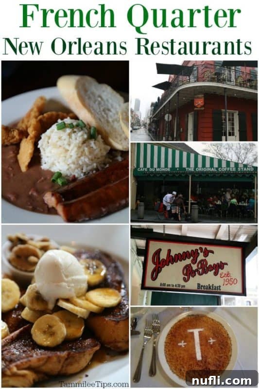 A vibrant collage featuring iconic French Quarter New Orleans restaurants and delicious dishes like gumbo and beignets.