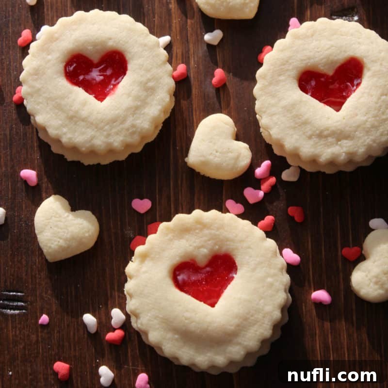 Red Heart Valentine's Day Cookies with heart sprinkles on a wooden board