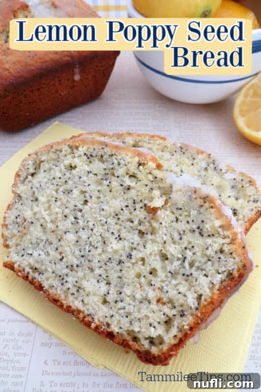 Lemon Poppy Seed Bread slices on a yellow napkin next to a full loaf of bread