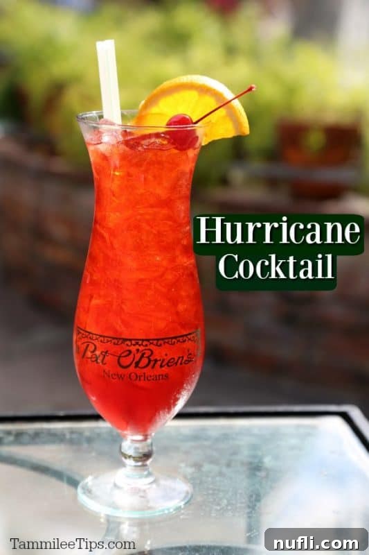 Hurricane Cocktail text next to a Pat O'Brien's New Orleans glass with a hurricane drink orange slice and cherry