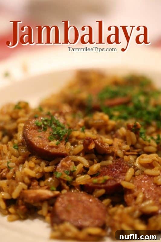 A serving of authentic New Orleans Jambalaya with chicken and sausage