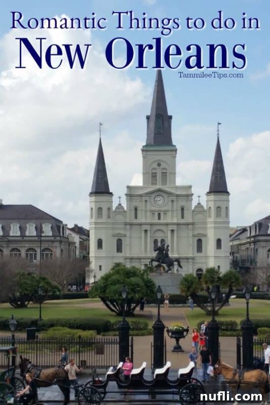 Romantic Things to do in New Orleans over Jackson Square and a horse drawn carriage