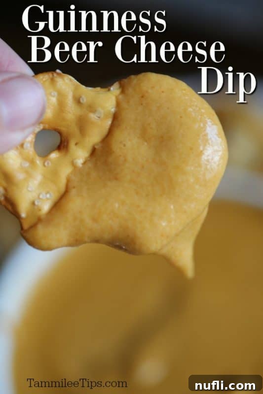 Guinness Beer Cheese Dip on a pretzel chip above a bowl