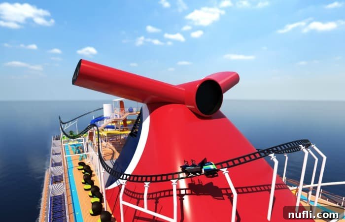 A stylized drawing of a Carnival cruise ship funnel with a rollercoaster around it, symbolizing the fun and excitement of Carnival cruises.
