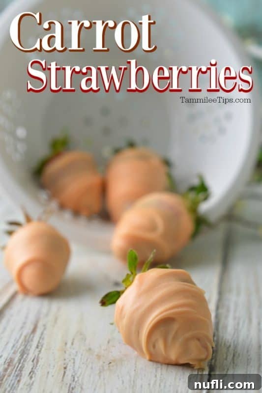 Close-up of Easter Carrot Strawberries, vibrant orange chocolate-covered strawberries with green tops, arranged artfully