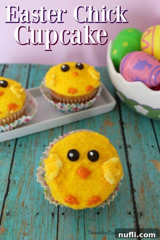 Whip Up Charming Easter Chick Cupcakes 2 Delightful Easter Chick Cupcakes ready to be served on a festive table with Easter eggs.