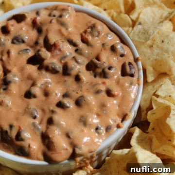 Black bean queso in a white bowl surrounded by tortilla chips