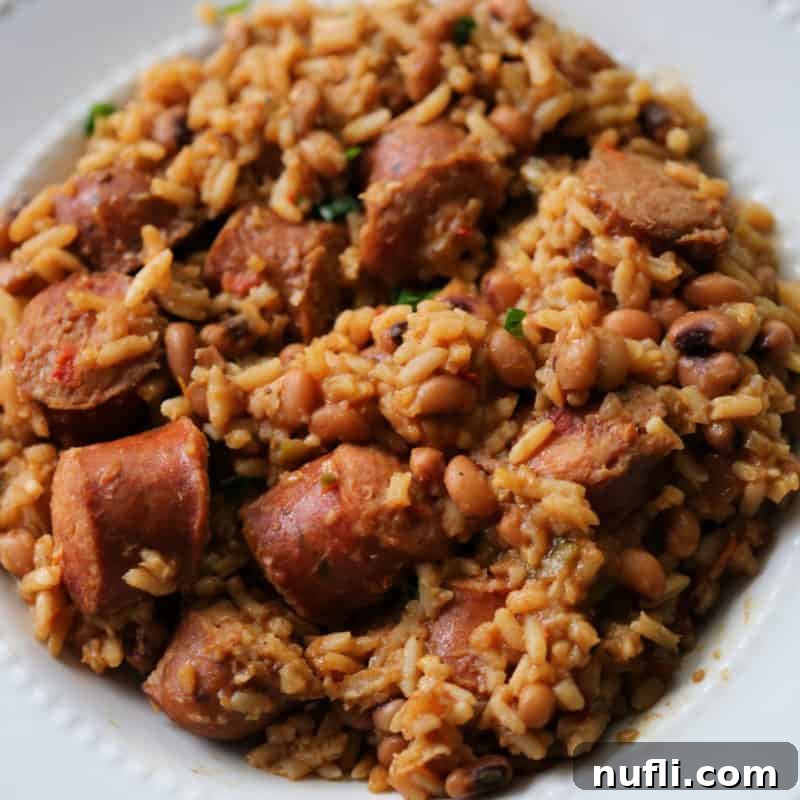 A close-up of crockpot hoppin john on a white plate, showing the rich texture of rice and peas.