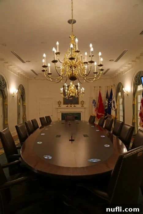 Replica cabinet room with chandeliers
