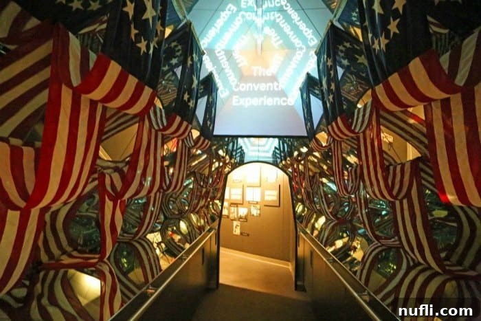 Row of American Flags in a hallway