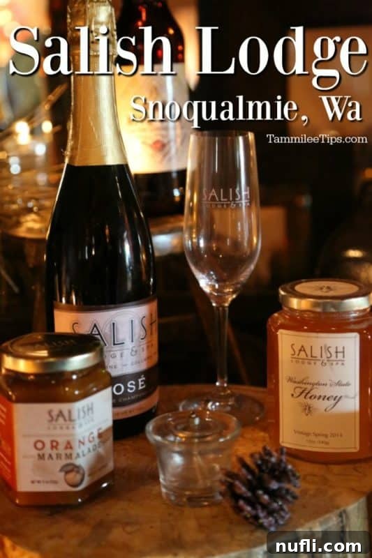 Salish Lodge over wine bottle, glass, hone, and orange marmalade on a wooden board