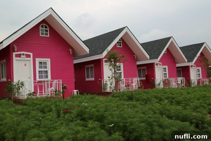 Row of pink cabins with chairs set out front for guests