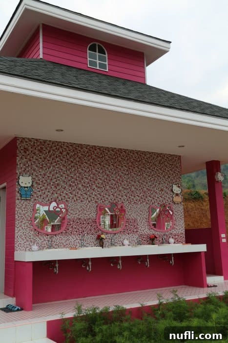 Hello Kitty themed mirrors above outdoor sinks in a pink bathroom area