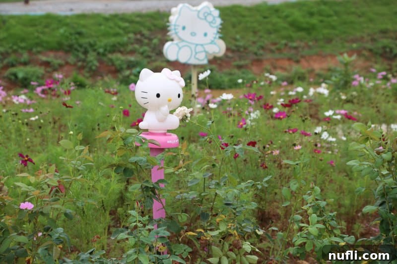 Hello Kitty figurines amidst a colorful flower garden at the Phu Rua resort