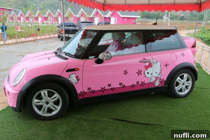 Hello Kitty Mini Cooper parked in front of pink cabins