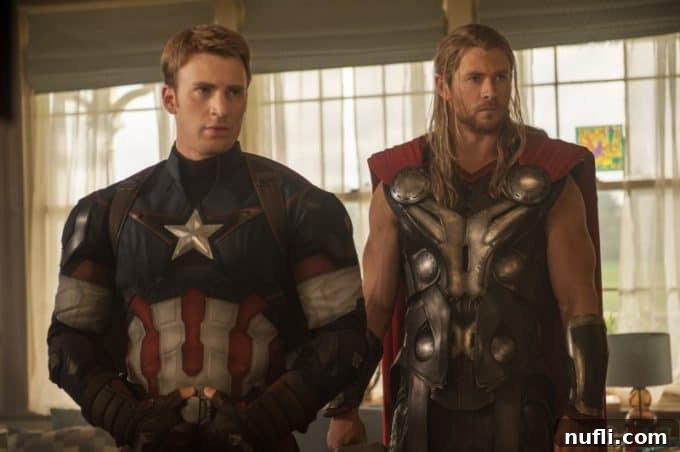 Chris Hemsworth and Chris Evans Discuss Avengers Age of Ultron 3 Captain America and Thor standing heroically in Avengers: Age of Ultron promotional image.