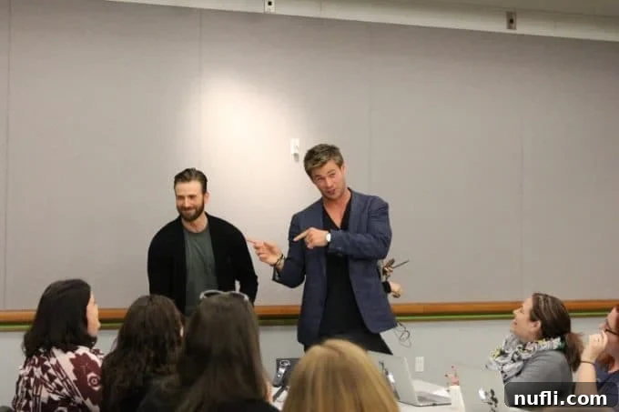 Chris Hemsworth and Chris Evans Discuss Avengers Age of Ultron 8 Chris Hemsworth and Chris Evans sharing a light moment during their interview.