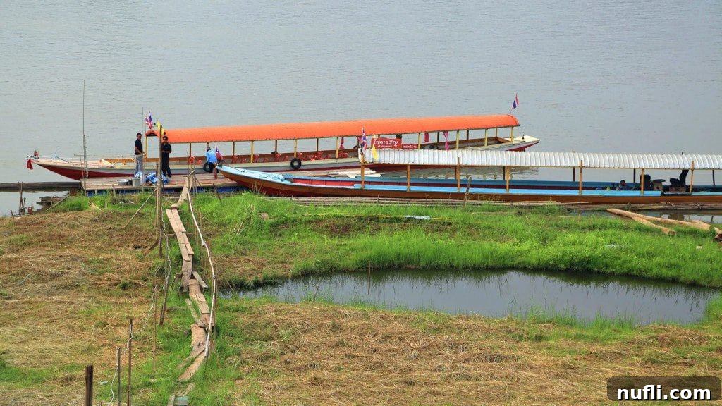 Traditional longtail boats docked along the Mekong River bank